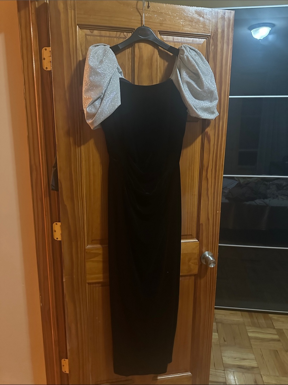 Xscape Black Midi Dress with Silver Sparkle Puff Sleeves